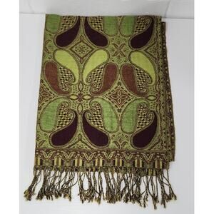 D&G Pashmina 10% Cashmere 30% Silk Paisley Print Scarf W/Fringe, Green/Eggplant